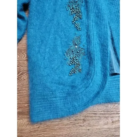 Jamie Teal Blue Angora Open-Front Long-sleeve Cardigan/Sweater Medium - Picture 2 of 16